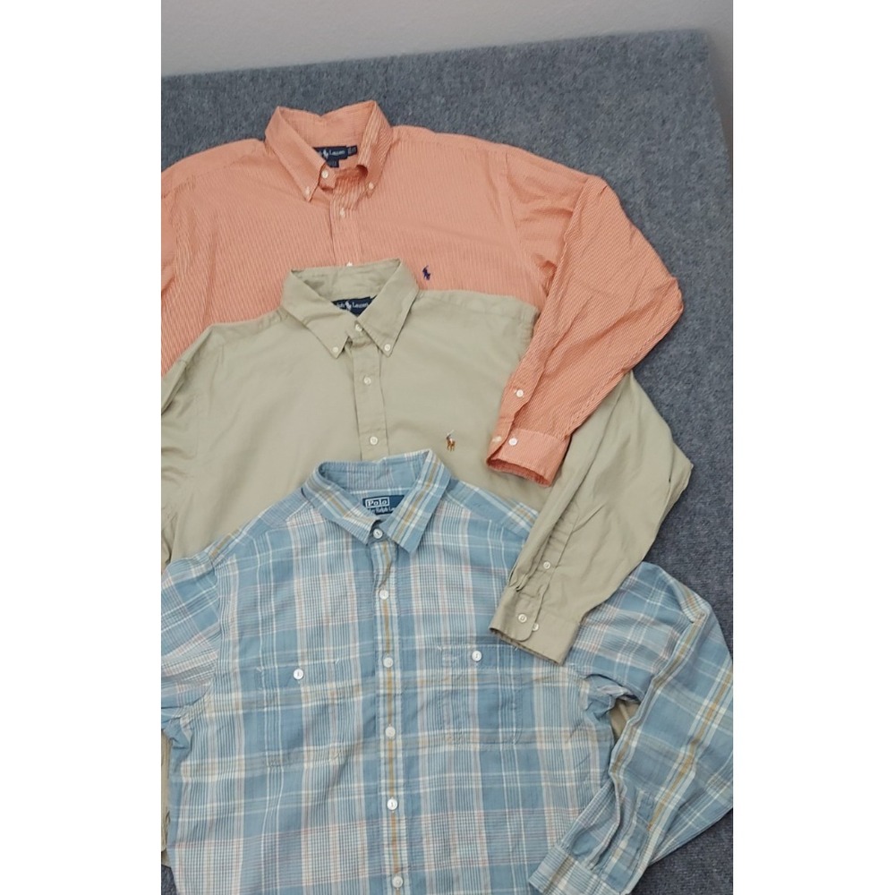 Lot 3 POLO RALPH LAUREN Shirt Men XL Button Up Plaid Orange Blue Tan Long Sleeve